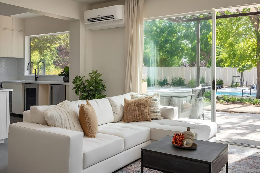 Home with a mini split system in the top right corner of the living room. 