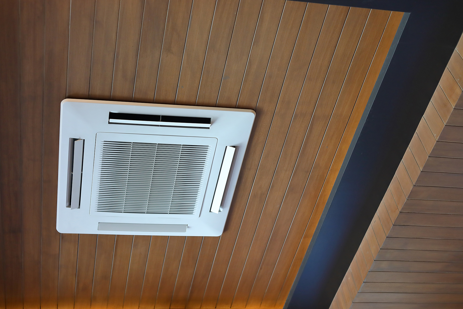 indoor air quality filtration system on wooden ceiling